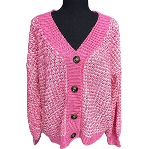Pink Waffle Knit V-neck Button Up Sweater‎